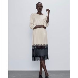 NWT Zara Contrasting Faux Leather Midi Dress with Lace detail size small